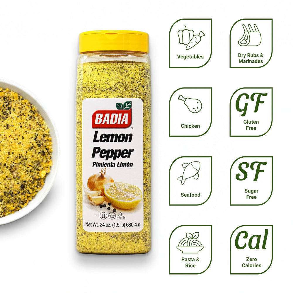 Badia Lemon Pepper jar back label with usage notes for sauces and vinaigrettes