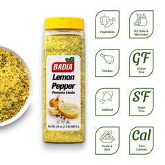Badia Lemon Pepper jar back label with usage notes for sauces and vinaigrettes