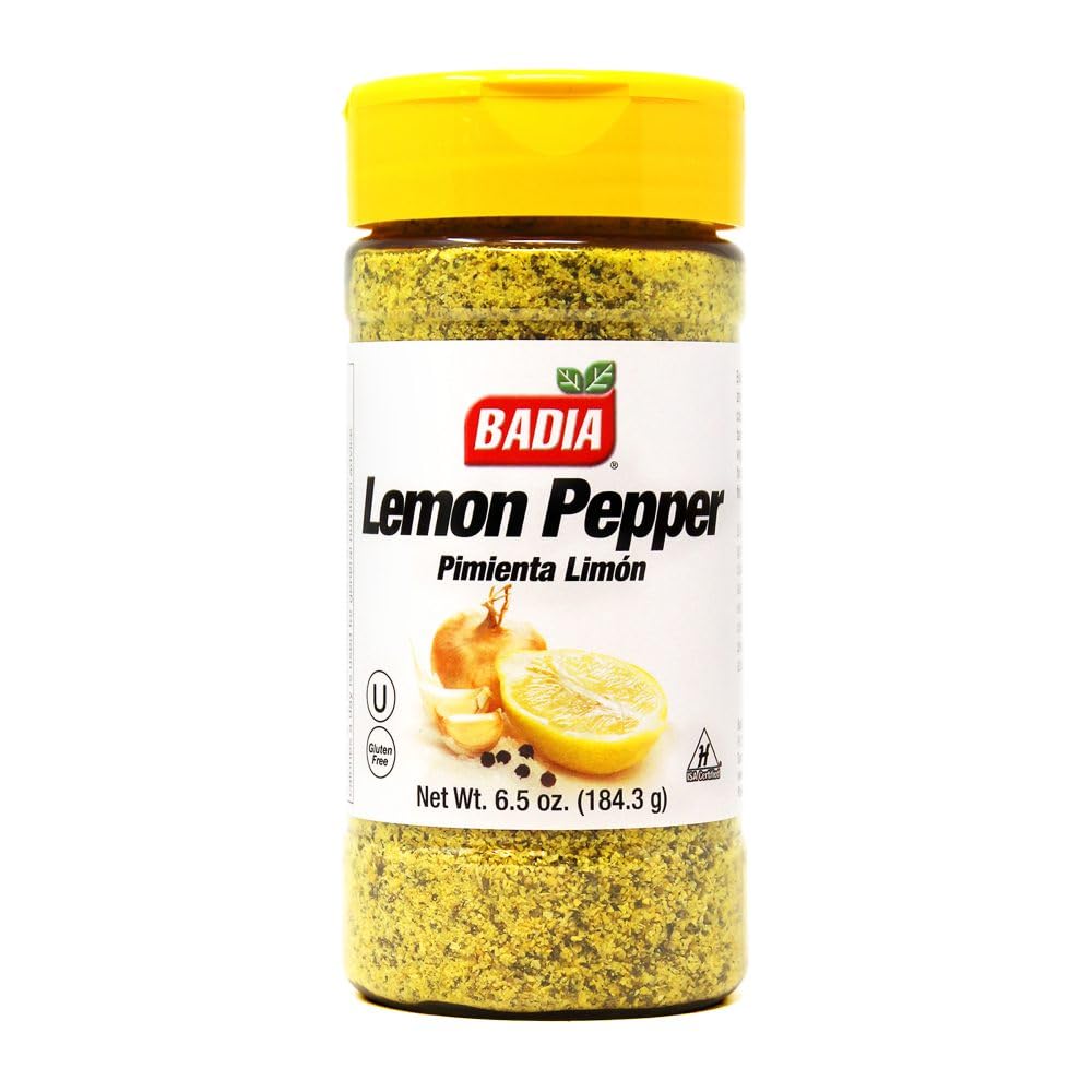 Badia Lemon Pepper Seasoning jar front view, ideal for grilled chicken and seafood.