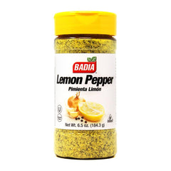 Badia Lemon Pepper Seasoning jar front view, ideal for grilled chicken and seafood.