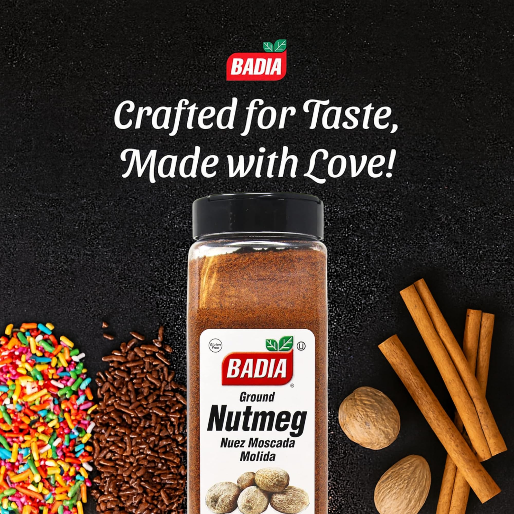 Badia nutmeg aroma closeup – aromatic spice to elevate desserts and beverages.