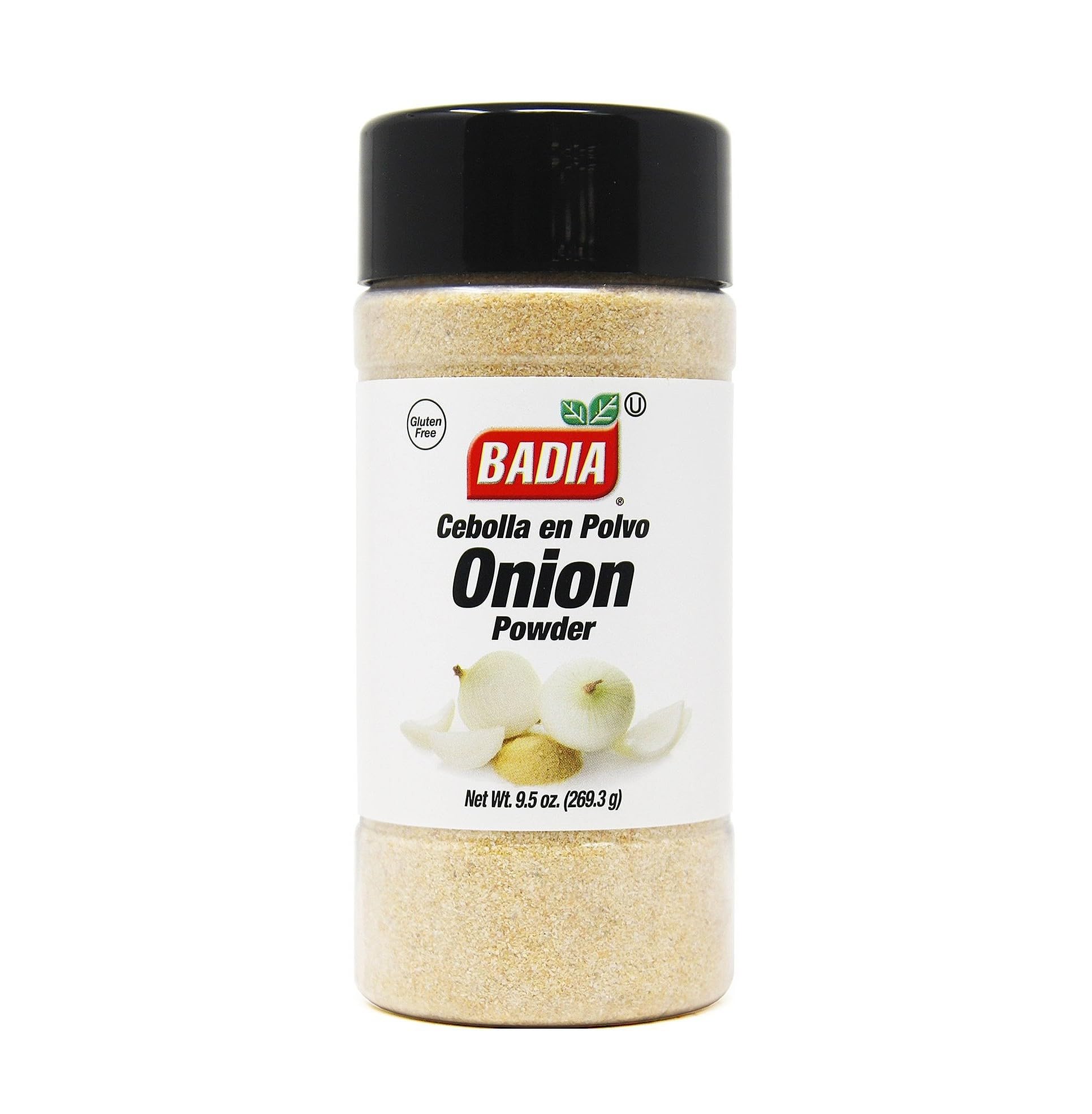 Badia Onion Powder jar close-up for quick, savory flavor in any recipe.
