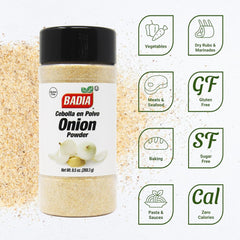 Badia Onion Powder pour action demonstrates effortless seasoning.