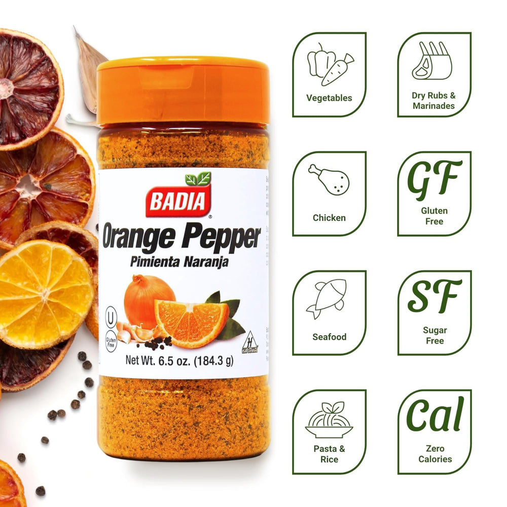 Badia Orange Pepper Seasoning bottle closeup highlights bold citrus and pepper.
