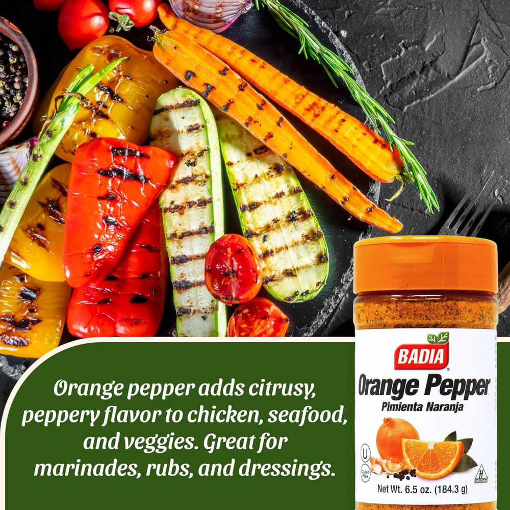 Badia Orange Pepper Seasoning ingredients closeup emphasizes zest and pepper for marinades.
