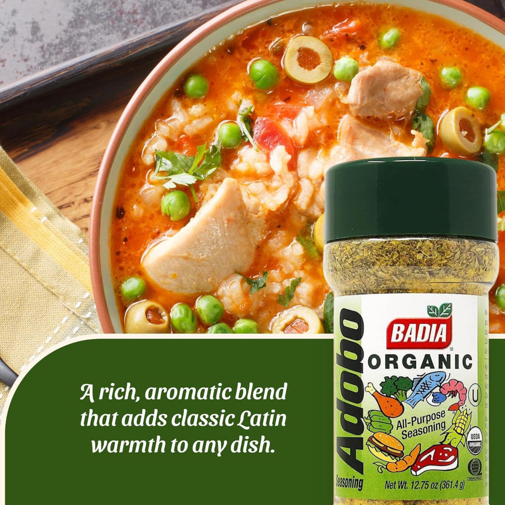 Badia Organic Adobo Seasoning label with organic certification.
