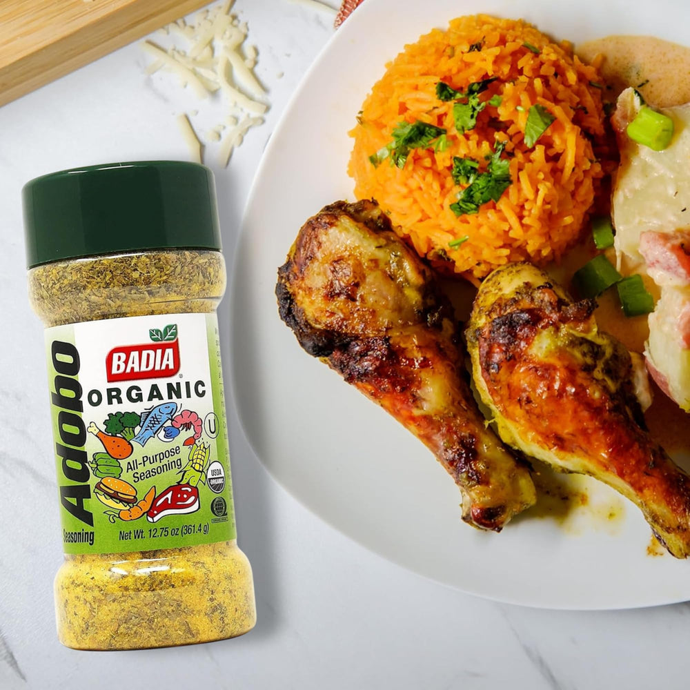 Badia Organic Adobo Seasoning sprinkled over vegetables in a skillet.
