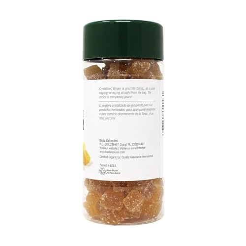 Closeup of Badia organic crystallized ginger bottle for easy, resealable use.