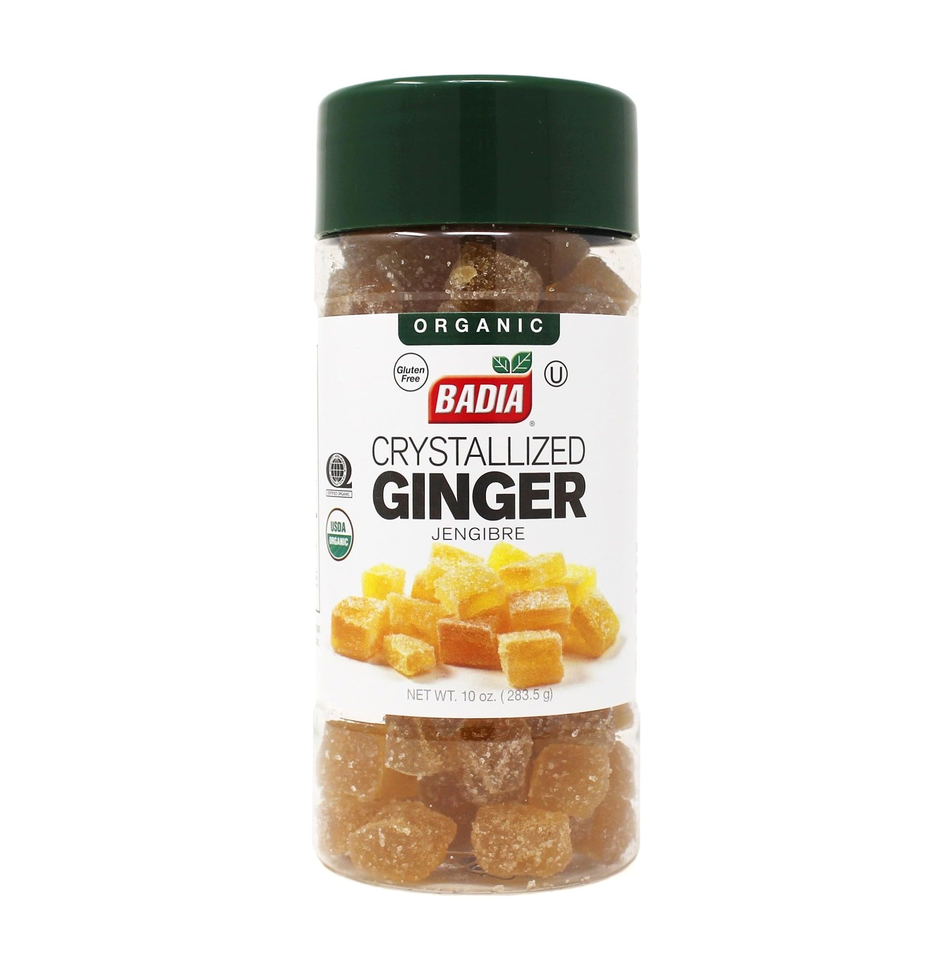 Badia organic crystallized ginger chunks in bag, ready for baking and snacking.