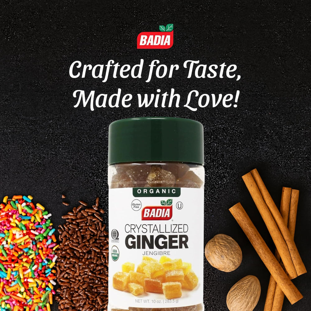 Sugar-coated crystallized ginger pieces from Badia, perfect for trail mixes and desserts.
