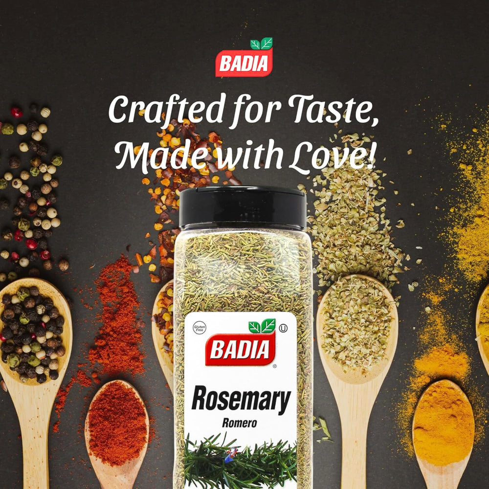 Badia Rosemary Leaves jar label highlights gluten-free, non-GMO seasoning