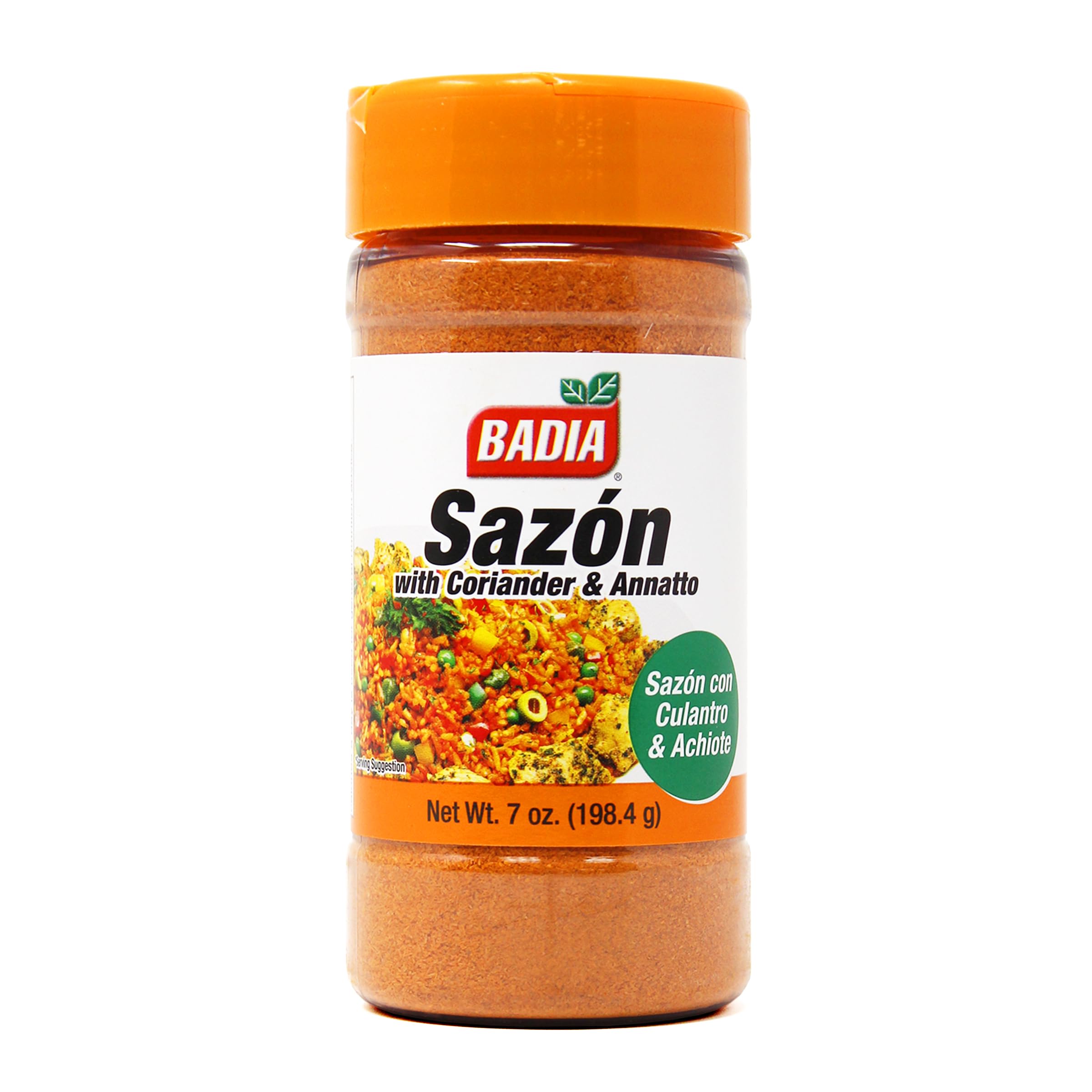 Badia Sazón jar highlights coriander and annatto for authentic Latin flavor.
