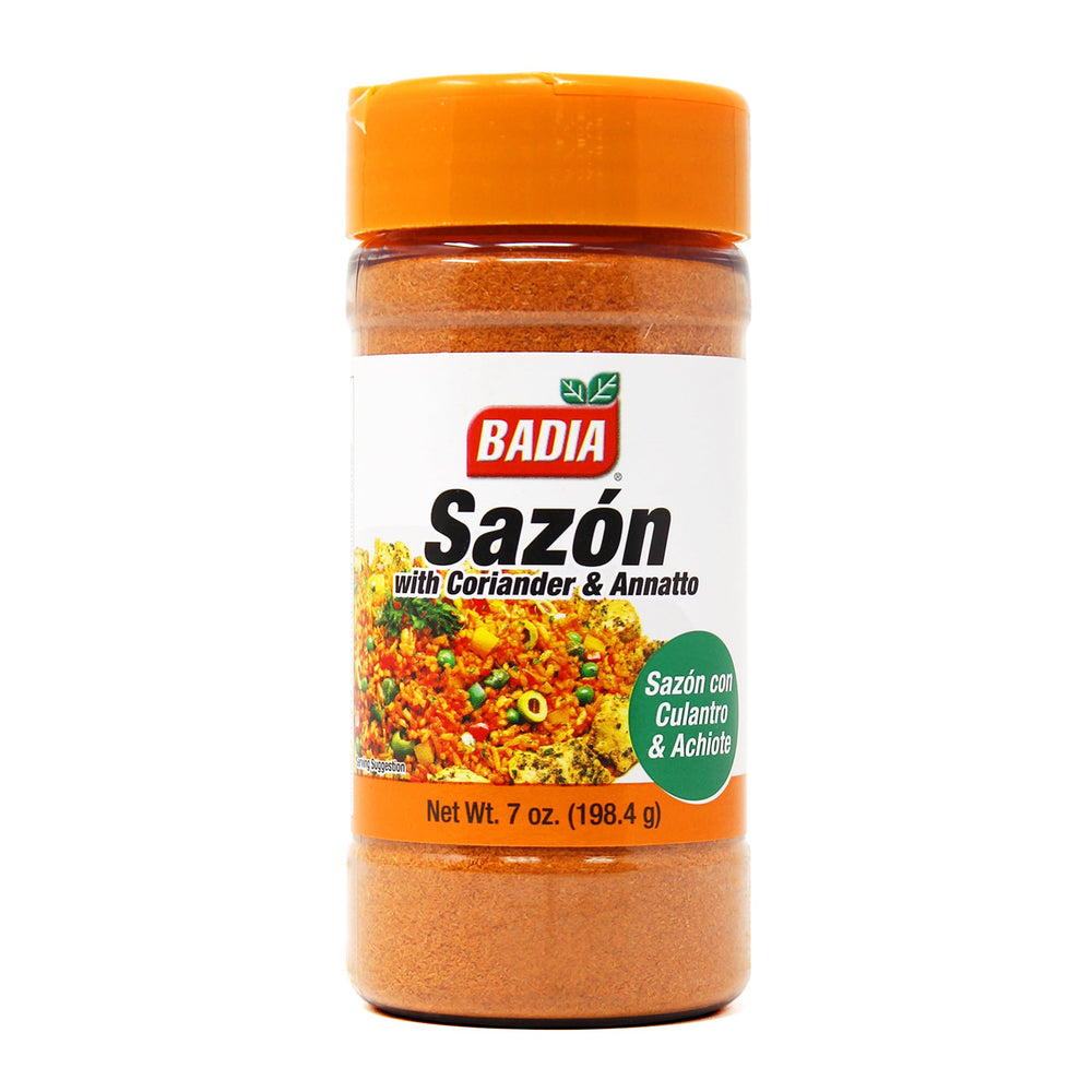 Badia Sazón jar highlights coriander and annatto for authentic Latin flavor.