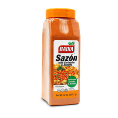 Badia Sazón coriander and annatto bottle adds vibrant Latin color to everyday meals.
