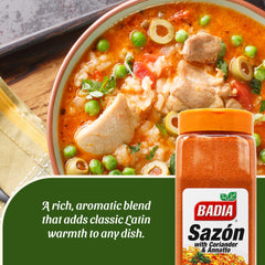 Rice dish shows Badia Sazón adding fragrant seasoning with golden hue.