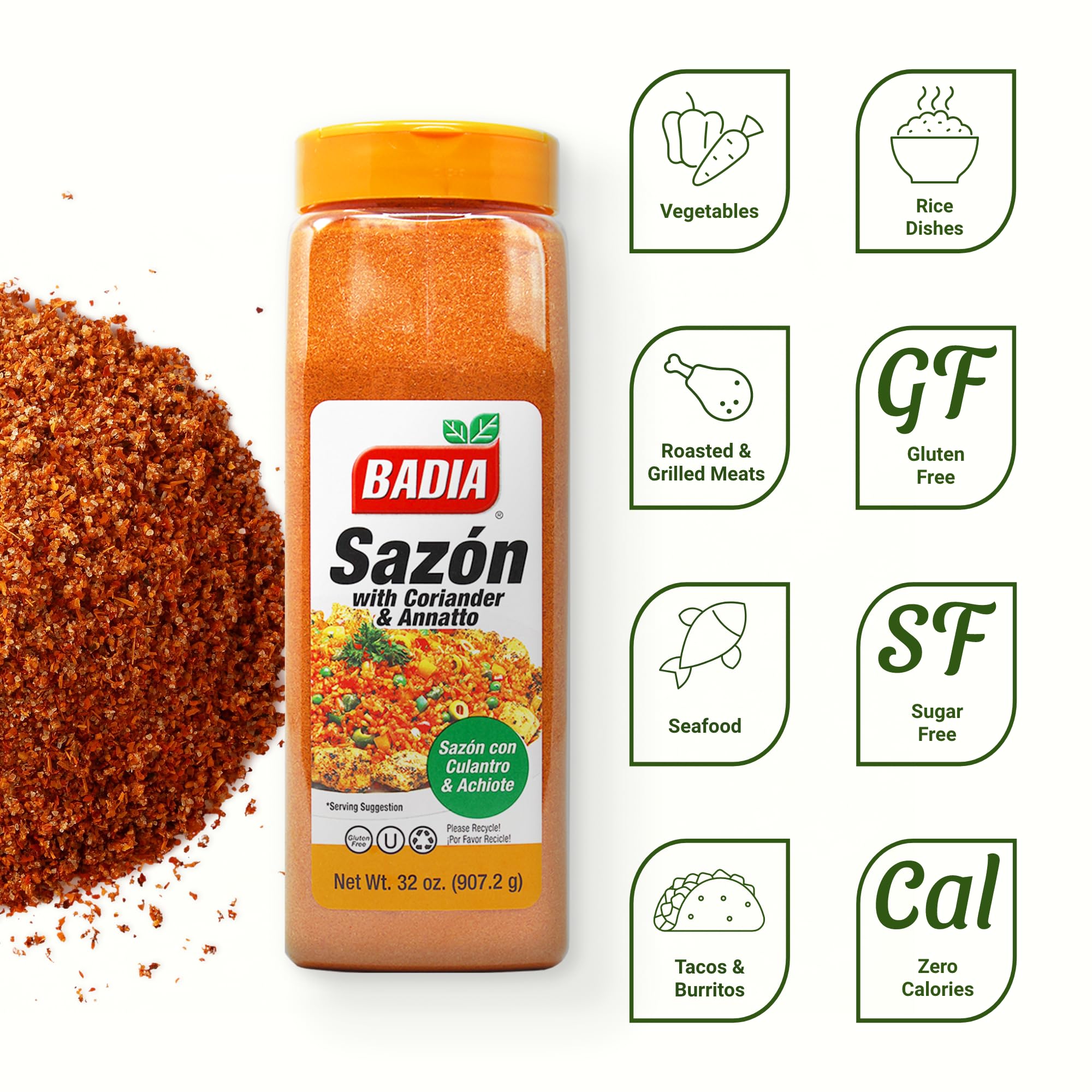 Badia Sazón spice mix features coriander and annatto for authentic, vibrant color in dishes.