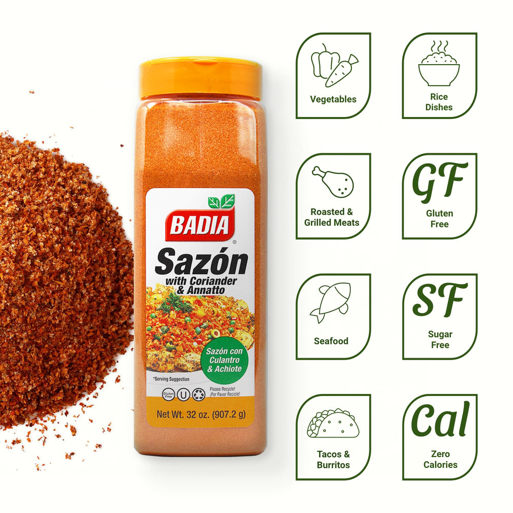 Badia Sazón spice mix features coriander and annatto for authentic, vibrant color in dishes.