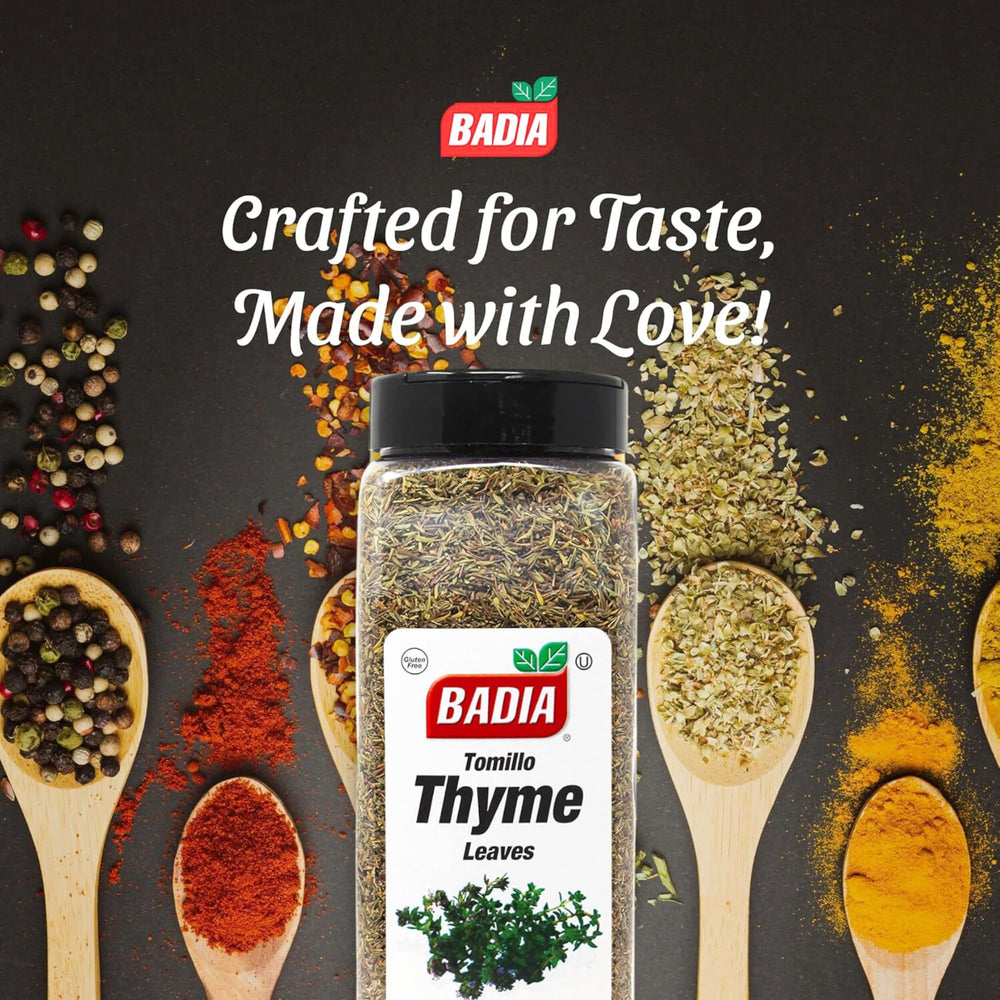 Badia Thyme Leaves in spice jar ideal for Mediterranean dishes.