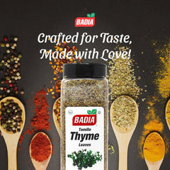 Badia Thyme Leaves in spice jar ideal for Mediterranean dishes.