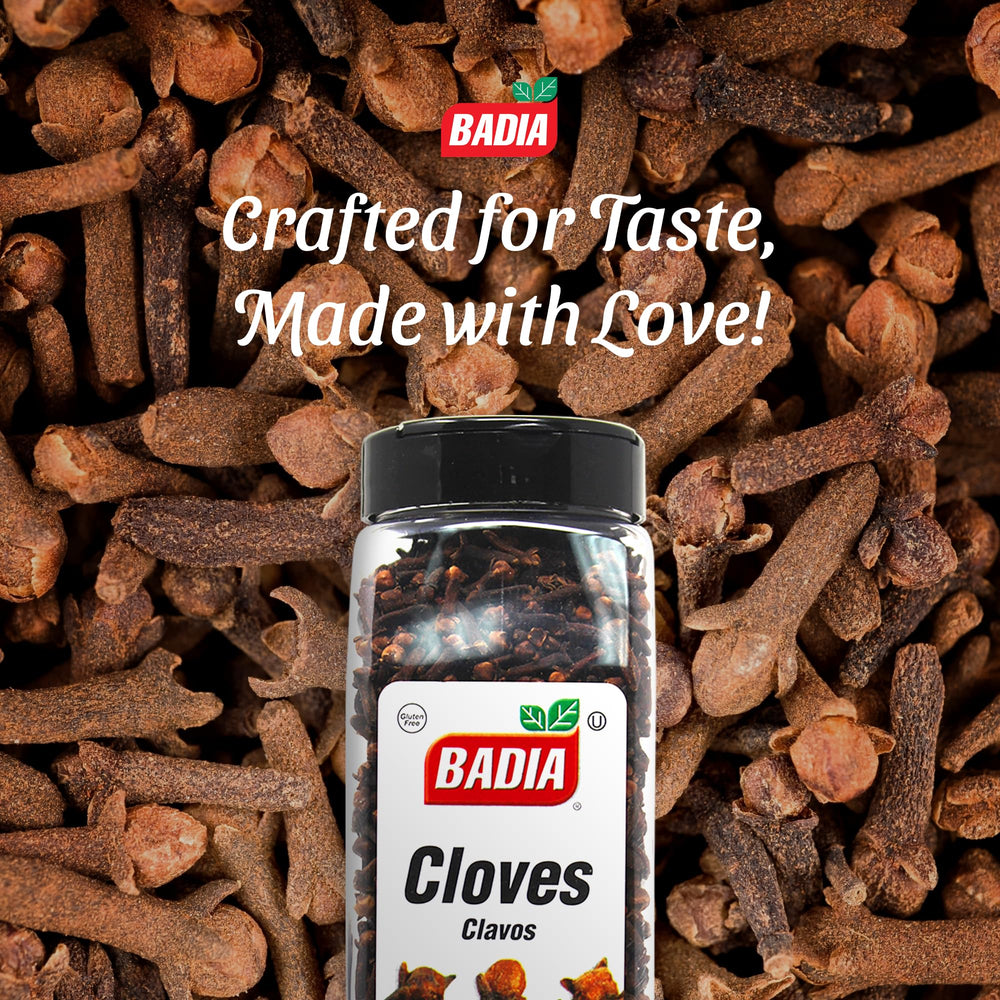 Badia Whole Cloves bottle on pantry shelf labeled for spices.