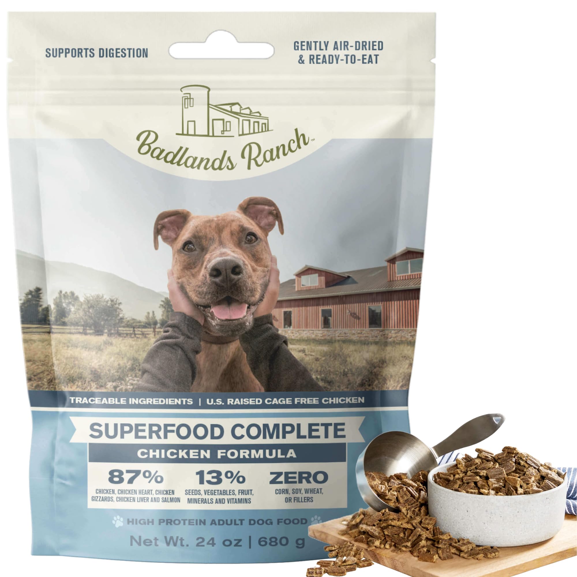 BADLANDS RANCH air-dried chicken dog food bag close-up highlights high-protein formula