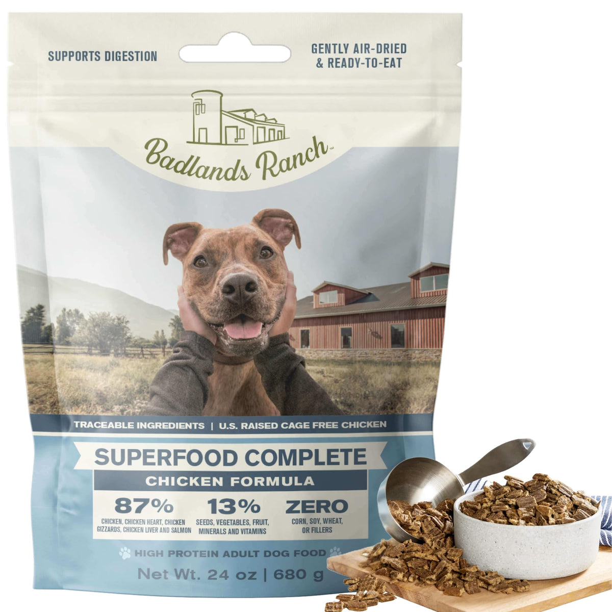 BADLANDS RANCH air-dried chicken dog food bag close-up highlights high-protein formula