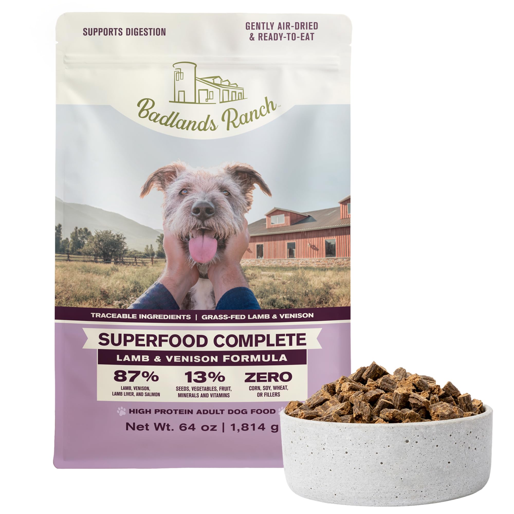 BADLANDS RANCH air-dried lamb and venison dog food bag highlights premium protein.