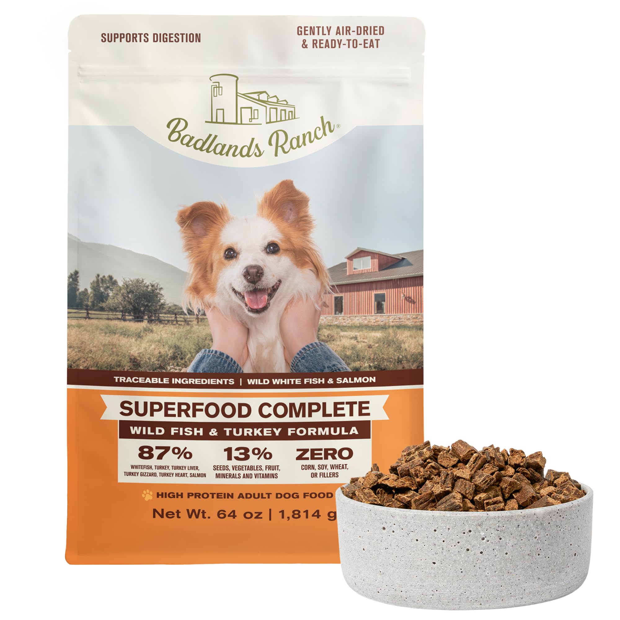 BADLANDS RANCH air-dried fish-turkey dog food in bowl-serving highlights easy daily feeding