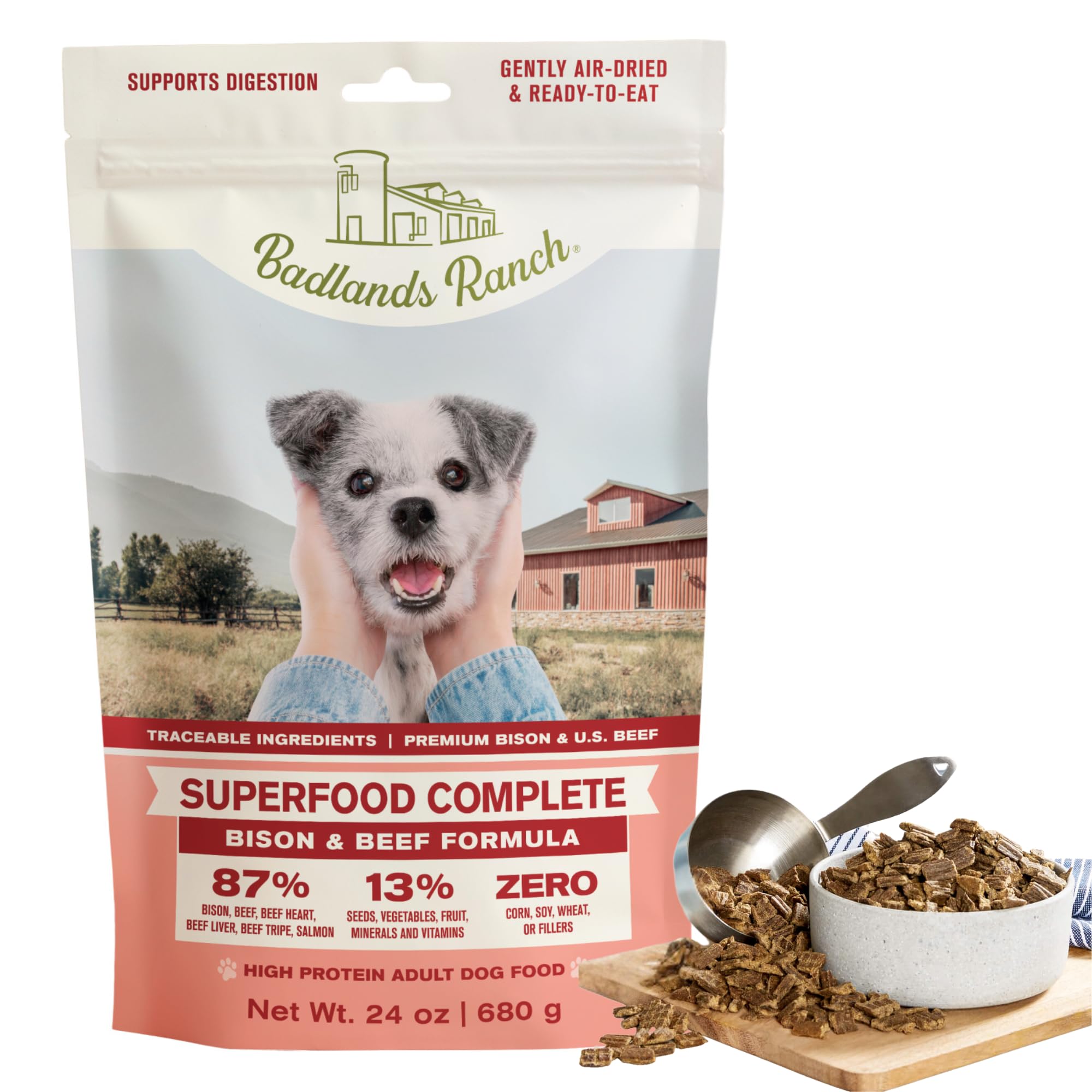 BADLANDS RANCH bag front view highlighting high-protein dog food.