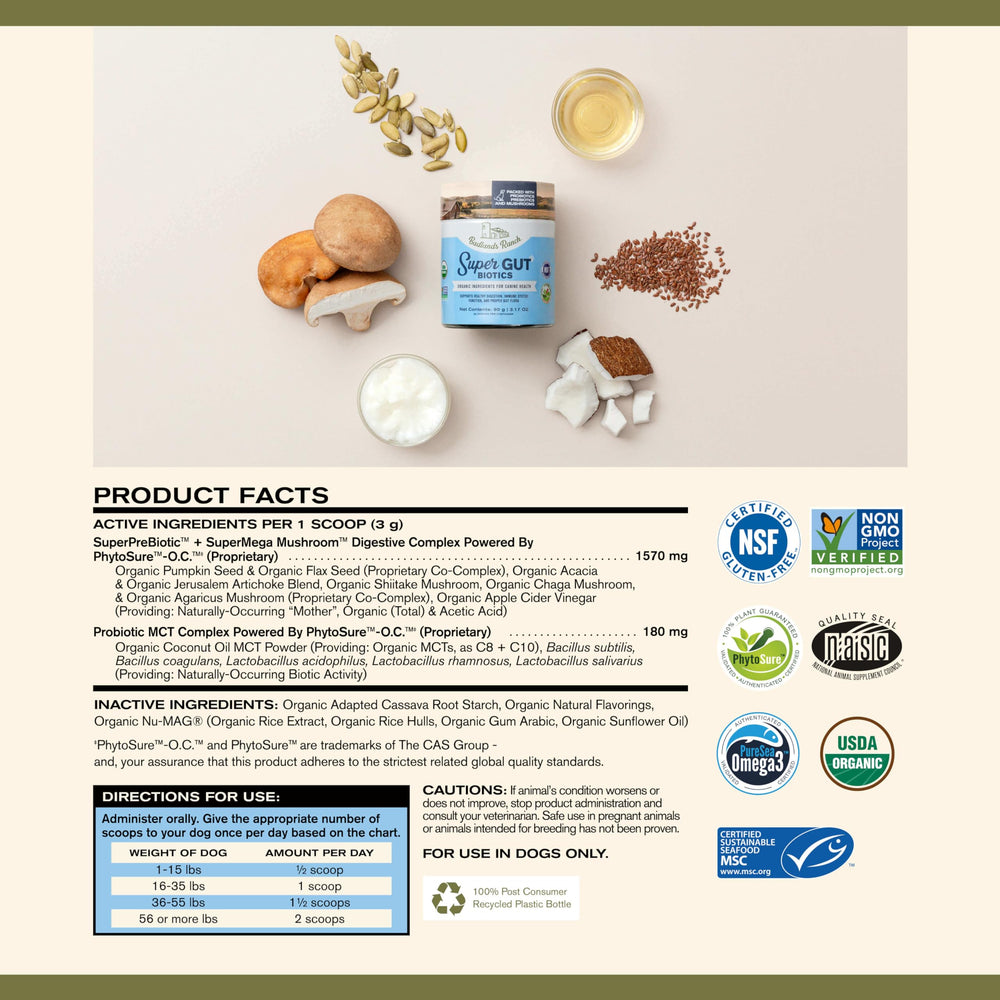 Badlands Ranch Super Gut Biotics probiotic blend label emphasizing gut flora balance