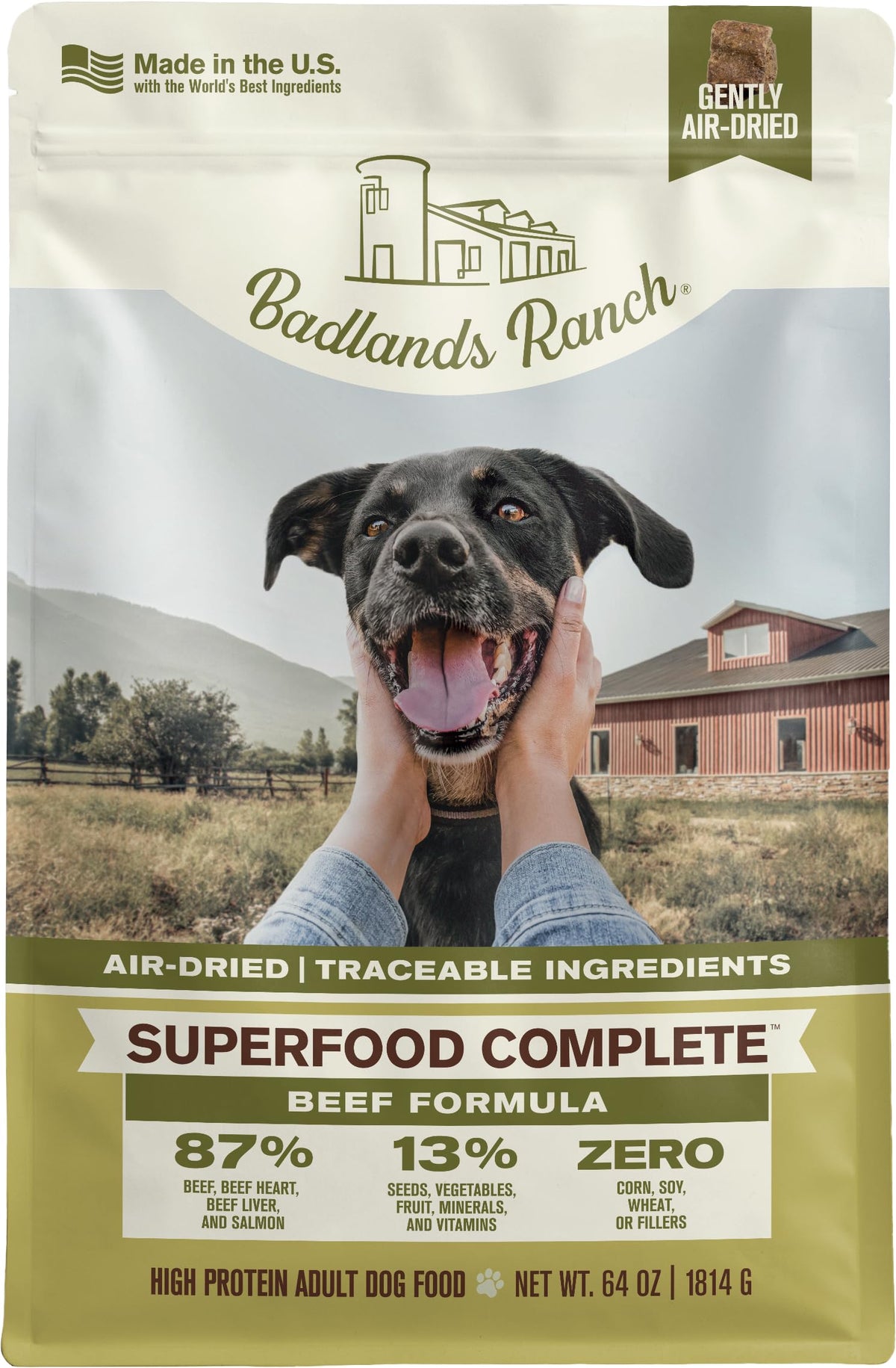 Badlands Ranch Superfood dog food bowl shows balanced nutrition for daily meals