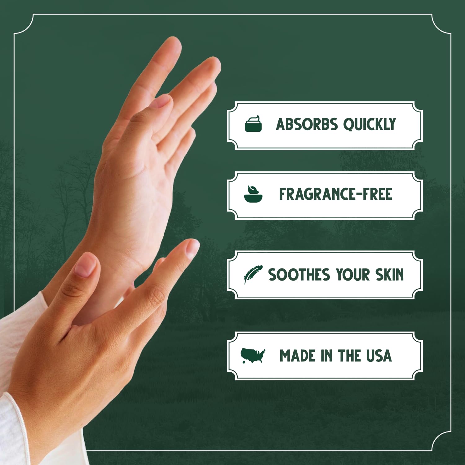 Closeup of Bag Balm being applied to dry hands for smoothness.