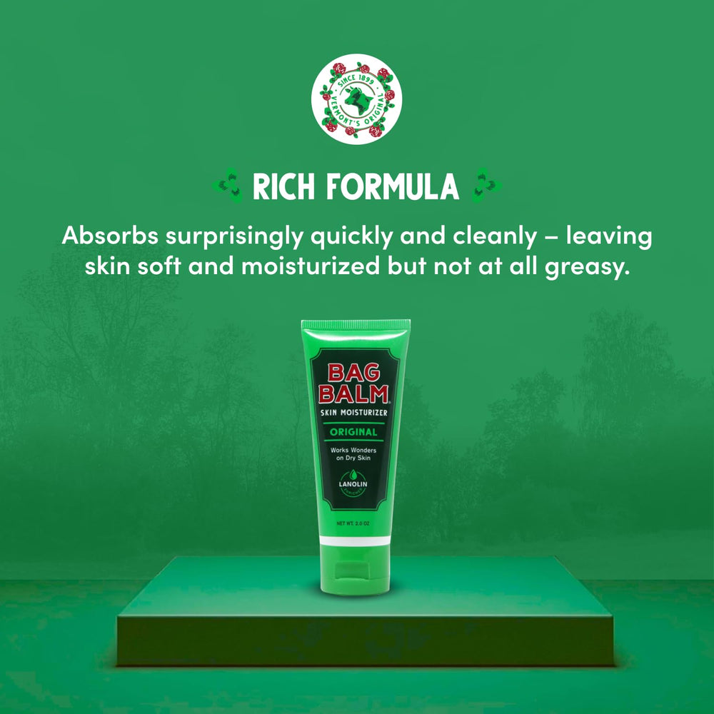 Bag Balm lanolin-enriched formula shown on skin for softness.