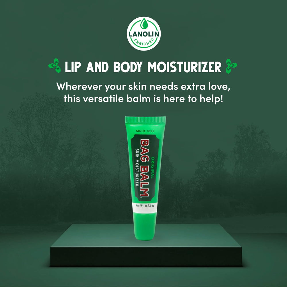 Bag Balm lip balm applicator demonstrates easy use on dry lips.
