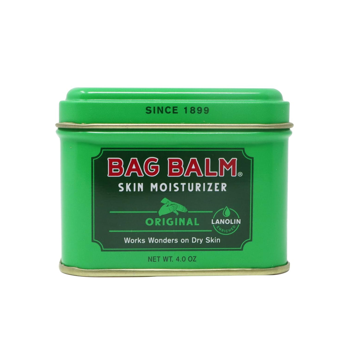 Bag Balm Vermont Original jar shows the classic tin for full-body hydration.
