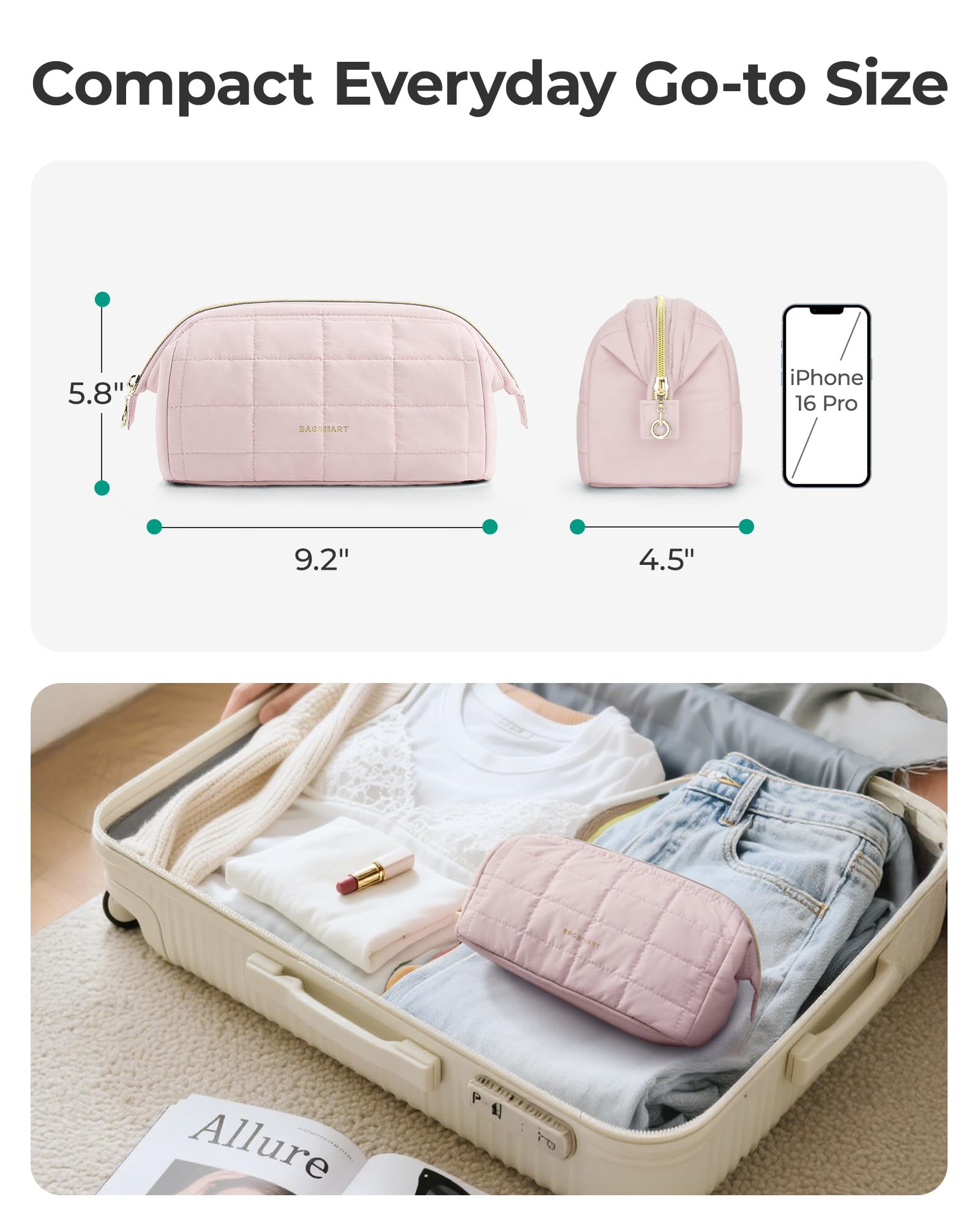 BAGSMART makeup bag puffy design adds stylish, casual vibe.