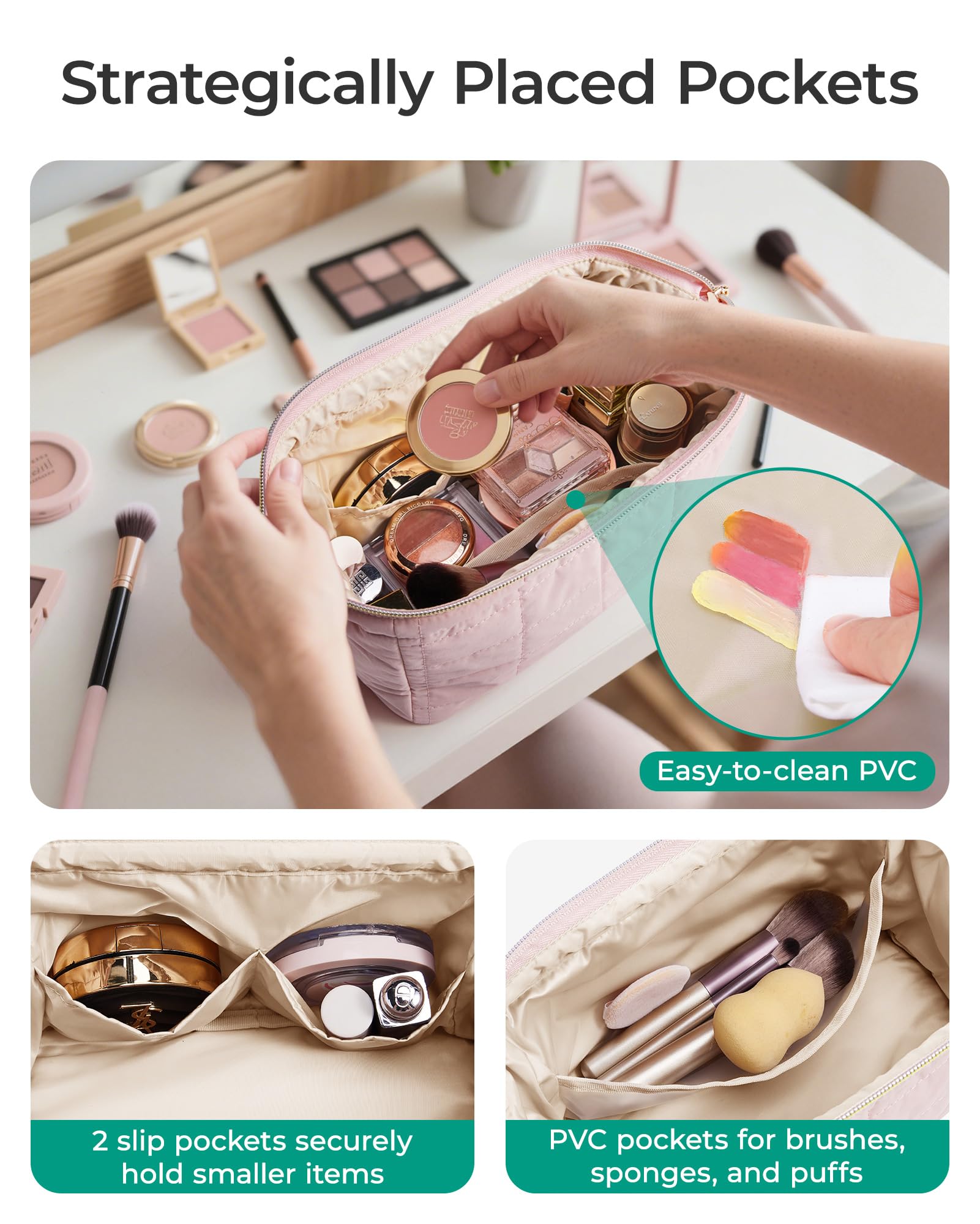 BAGSMART makeup bag PVC pocket protects brushes and prevents spills.