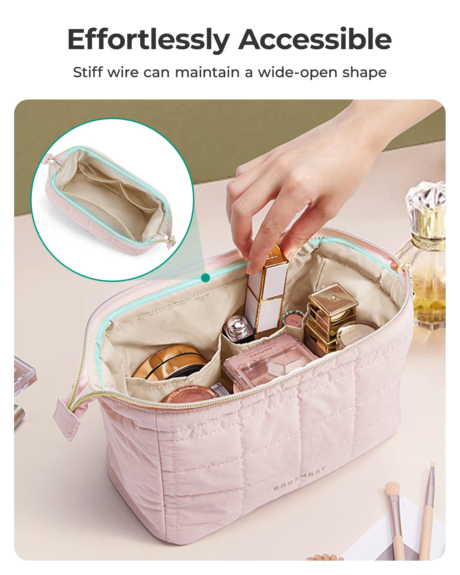 BAGSMART makeup bag taslan fabric feels soft and durable.