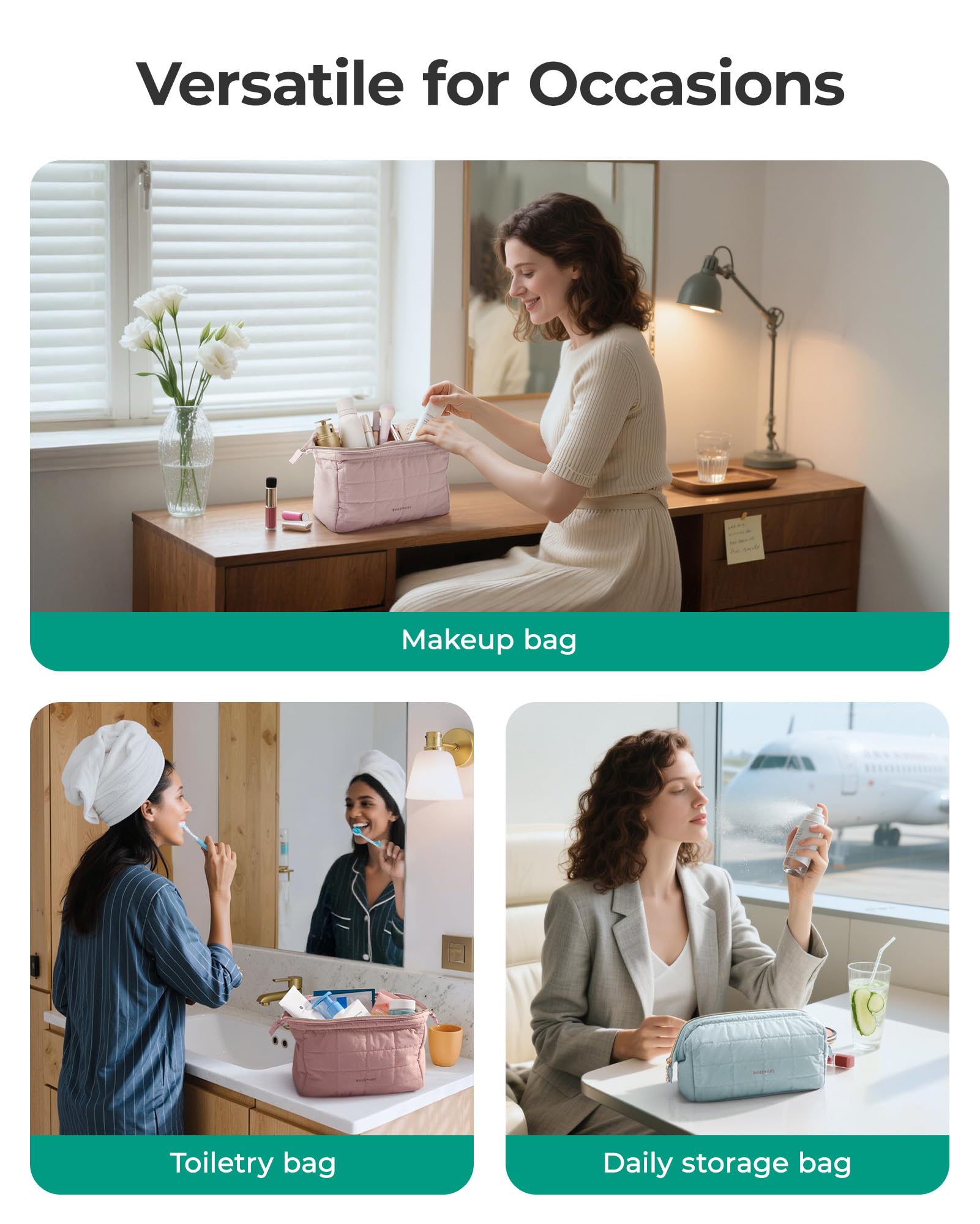 BAGSMART compact makeup bag fitting into a purse or suitcase