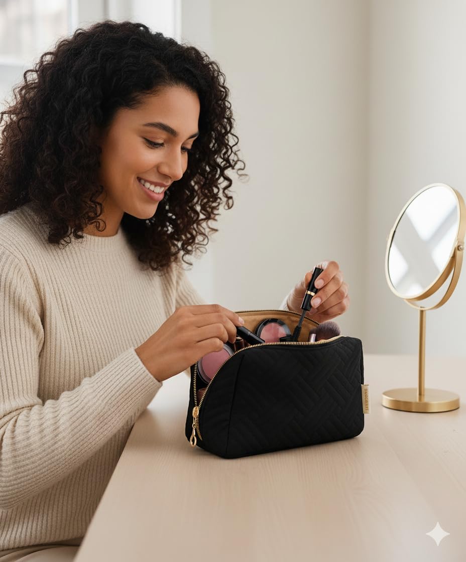 BAGSMART quilted makeup bag in peach-skin fabric for a soft, premium look.