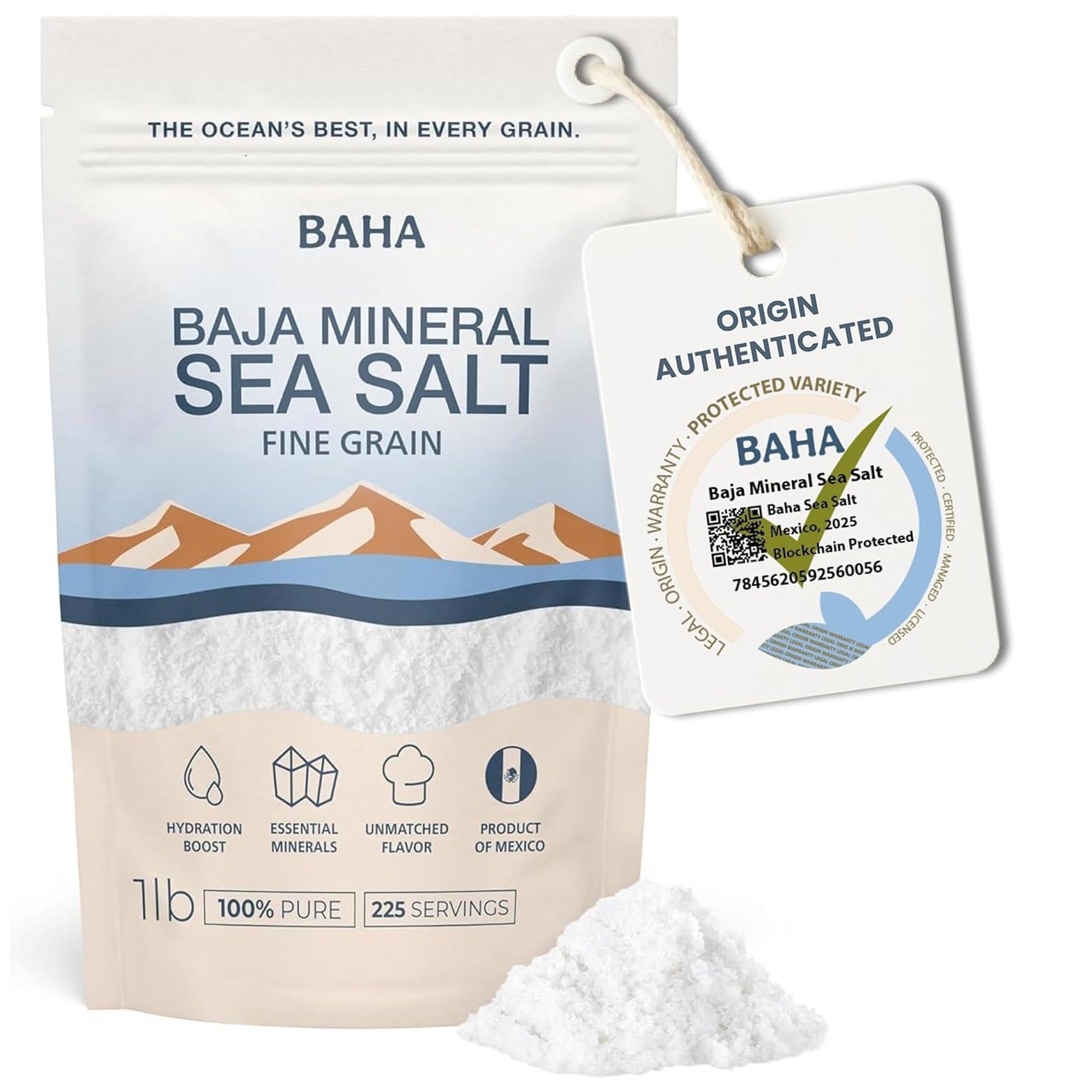 BAHA Baja Mineral Sea Salt with fine grain for finishing dishes.