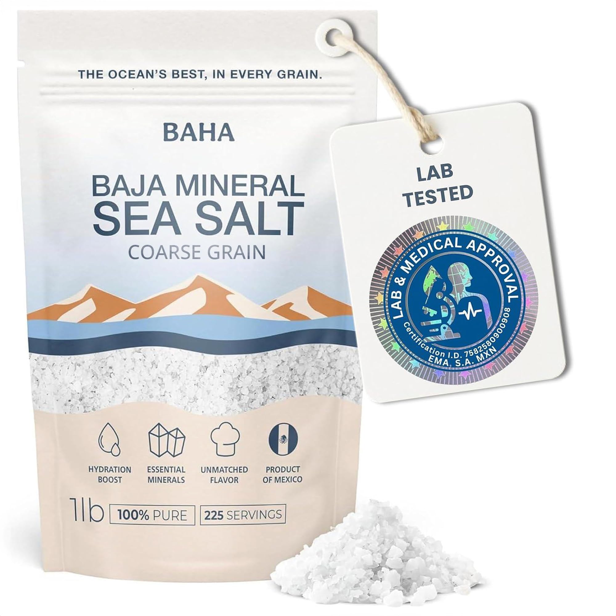 BAHA Baja Mineral Sea Salt natural grains close-up highlighting texture for seasoning
