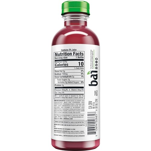 Close-up of Bai Brasilia Blueberry label showing Vitamin C and zinc.