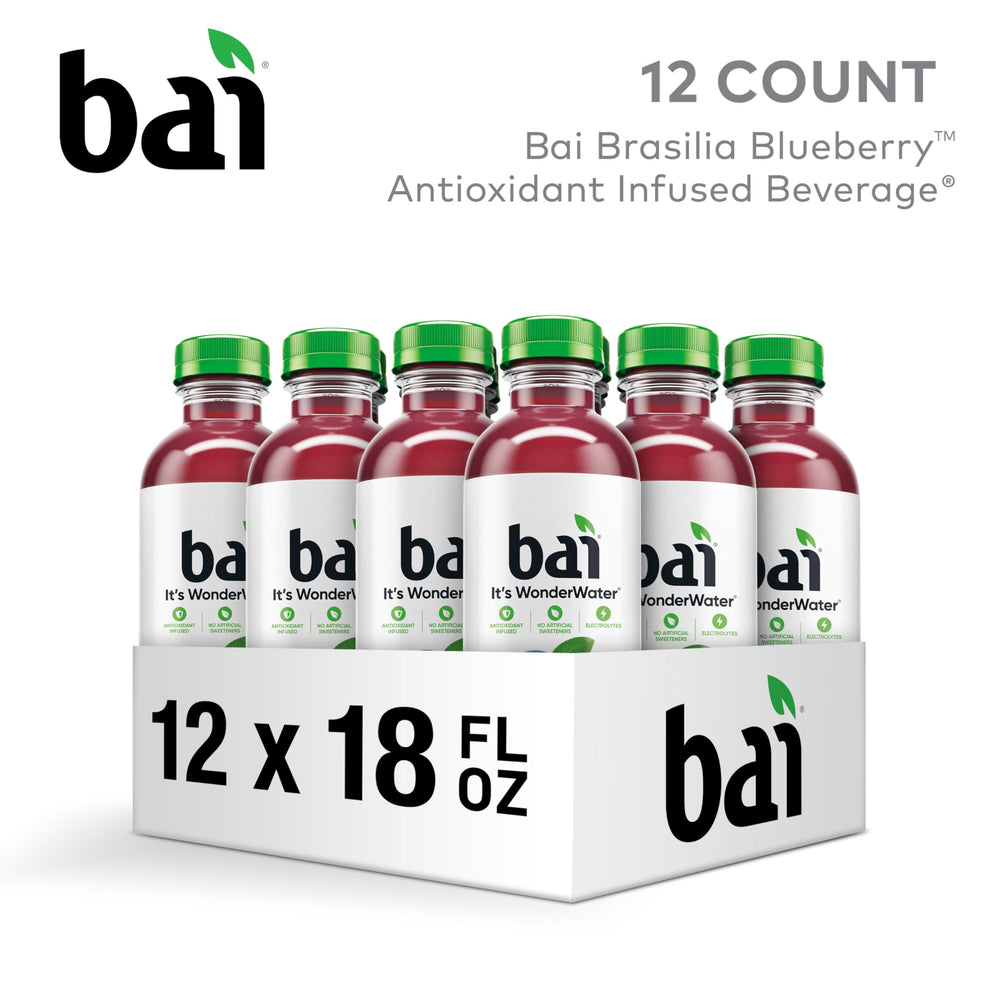 Pour shot of Bai Brasilia Blueberry highlights 1g sugar and Stevia sweetness.