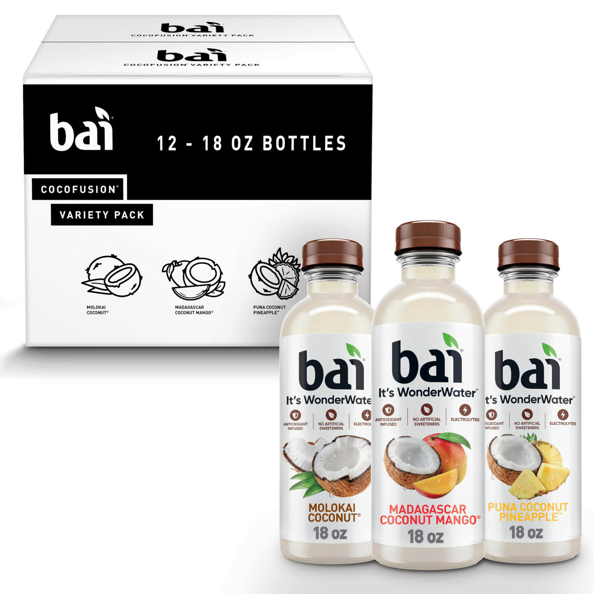 Bai Coconut Variety Pack bottles showing three flavors for refreshing hydration