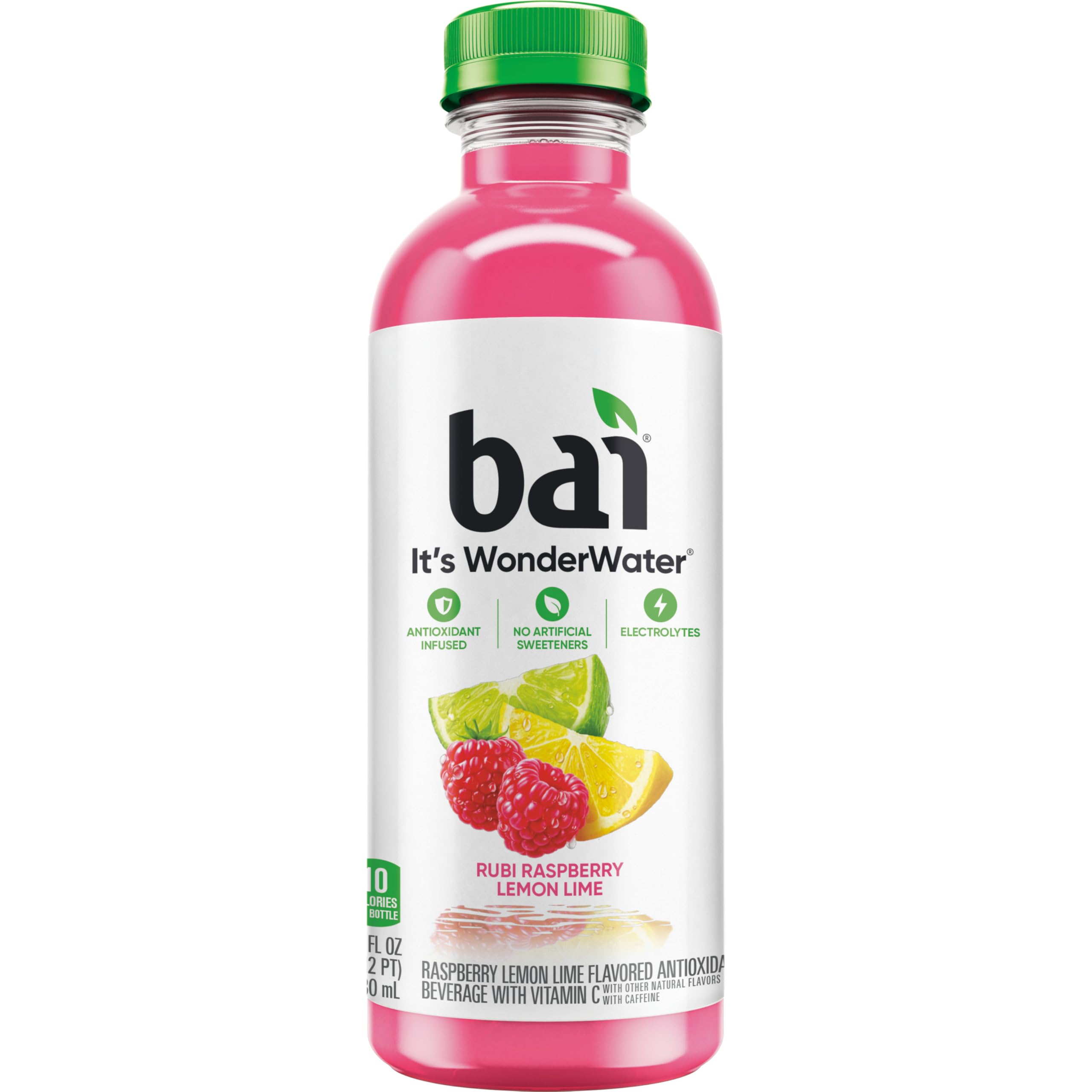 Vitamin C and zinc icons accompany Bai flavor profile visuals.
