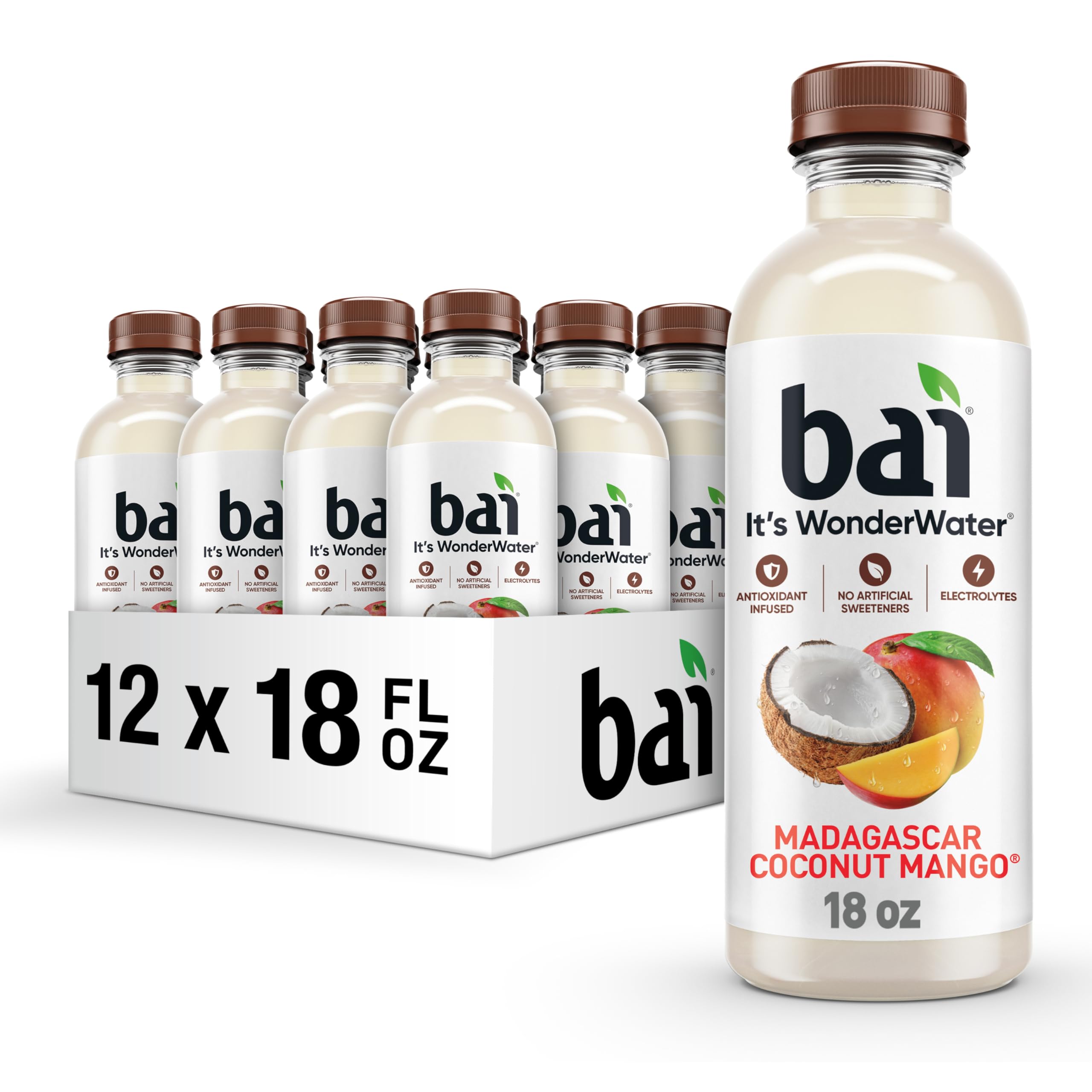 Bai Madagascar Coconut Mango bottle highlighting tropical flavor and antioxidant infusion for refreshing hydration.