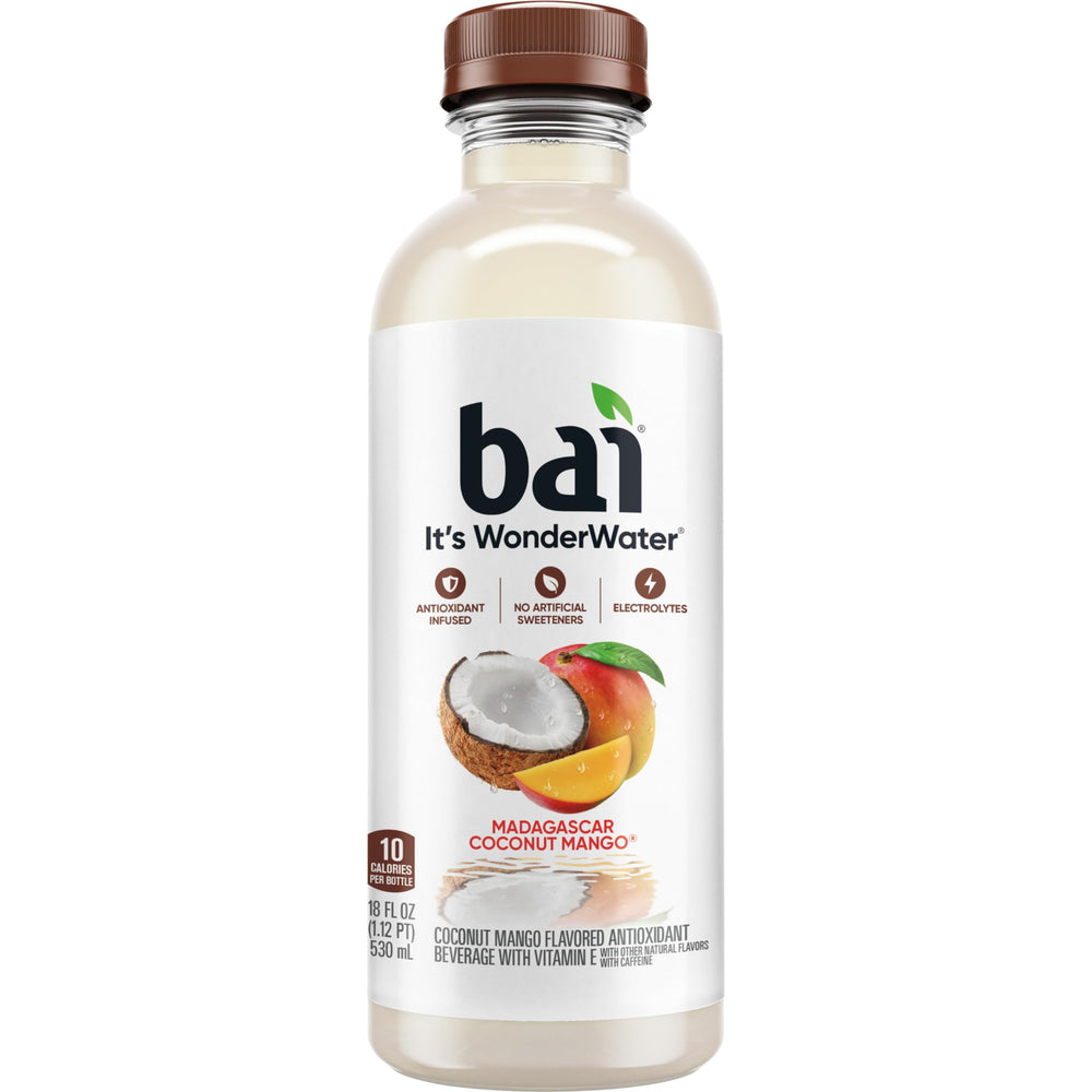 Bai Madagascar Coconut Mango eco-packaging indicating 100% recycled plastic.