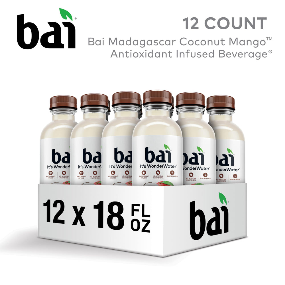 Bai Madagascar Coconut Mango ingredients close-up showing electrolytes and zinc for immune-friendly hydration.