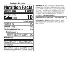 Bai Madagascar Coconut Mango label close-up emphasizing stevia-sweetened flavor and vitamin C benefits.